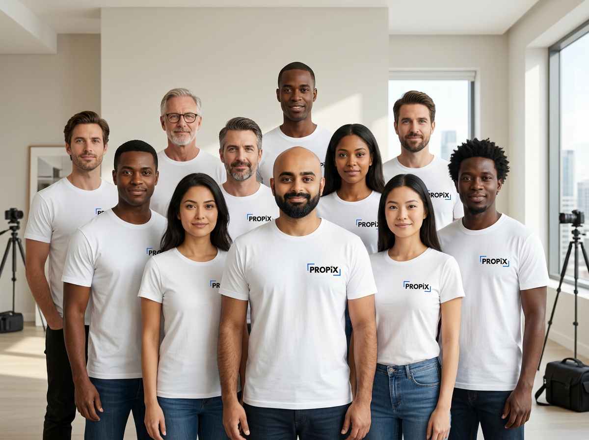 AI-gemaakt groepsportret met de ProPix-eigenaar centraal en fotografen in witte ProPix-shirts